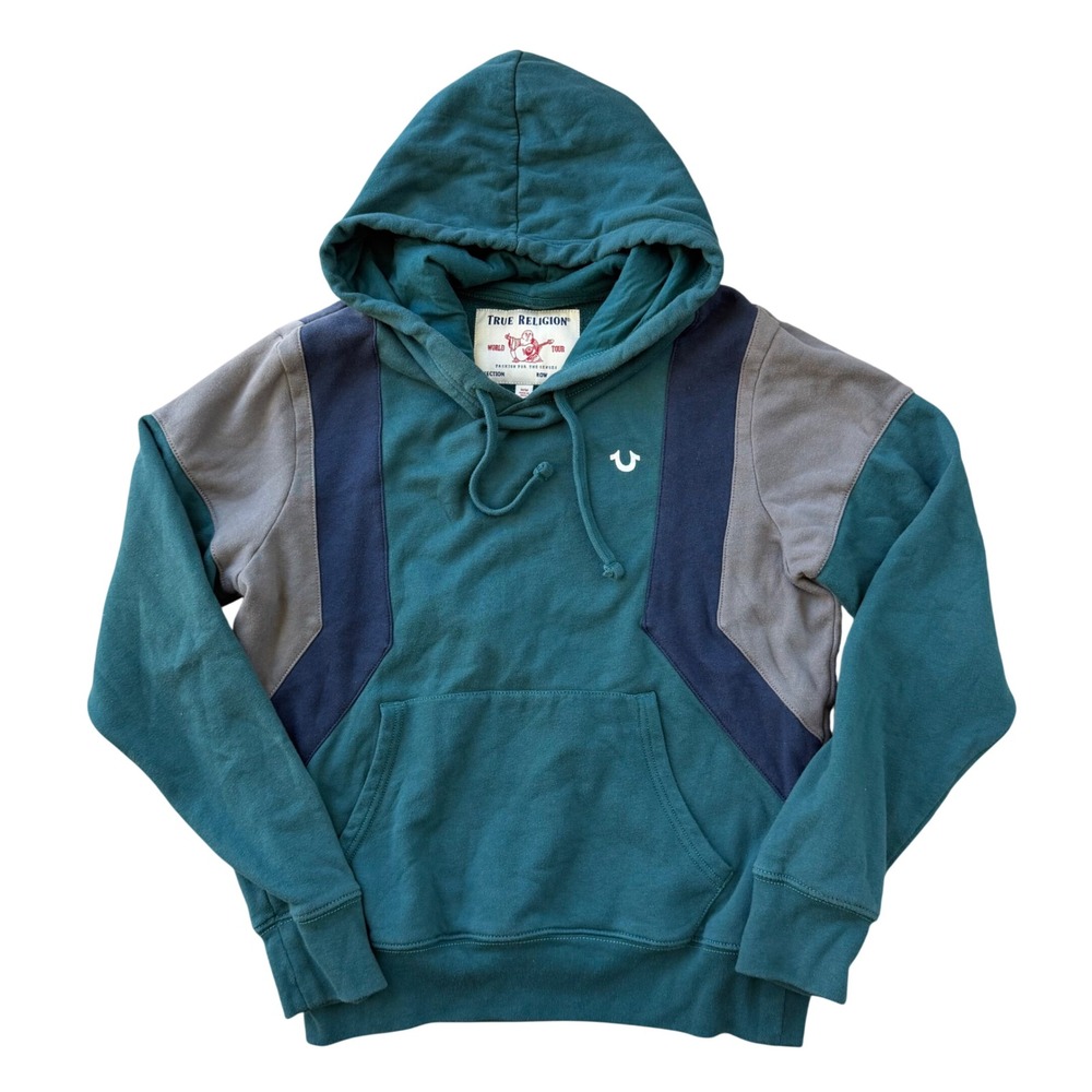 True Religion Colorblock Pullover Hoodie Teal Blue Gray Horseshoe Logo Unisex M